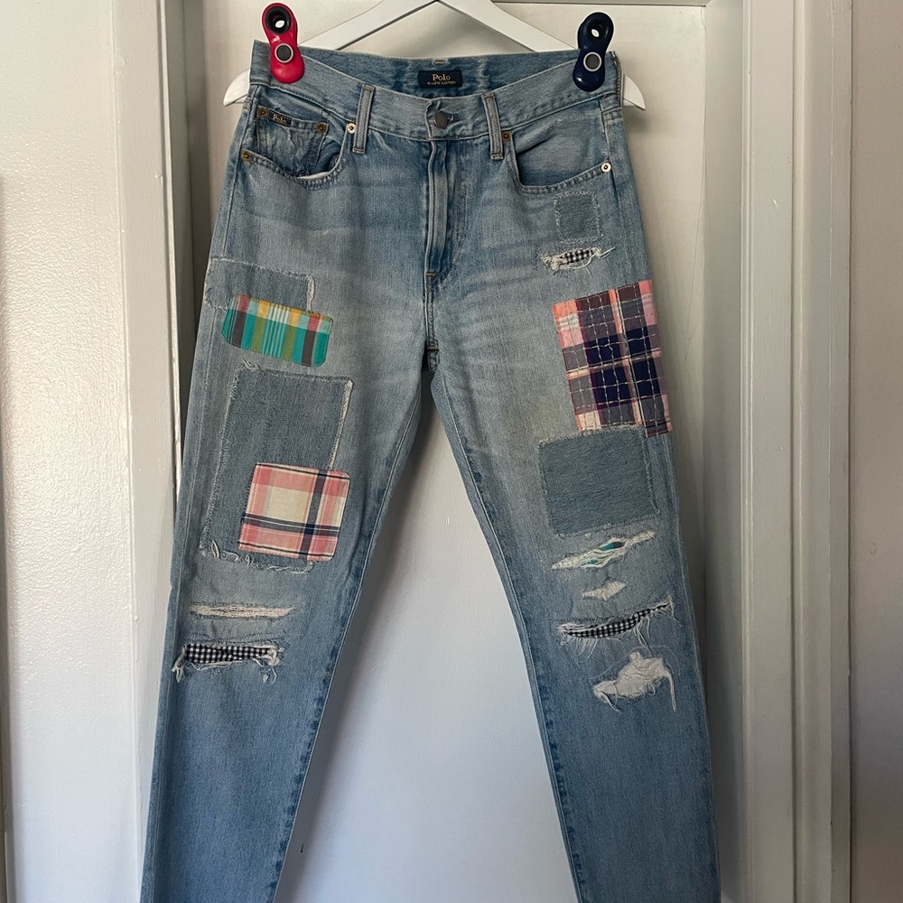Ralph Lauren Blue Straight Leg Jeans with Distressed Patchwork